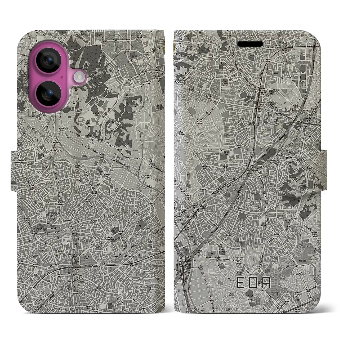 【江田(神奈川県)】地図柄iPhoneケース(手帳タイプ)モノトーン・iPhone 16 Pro 用