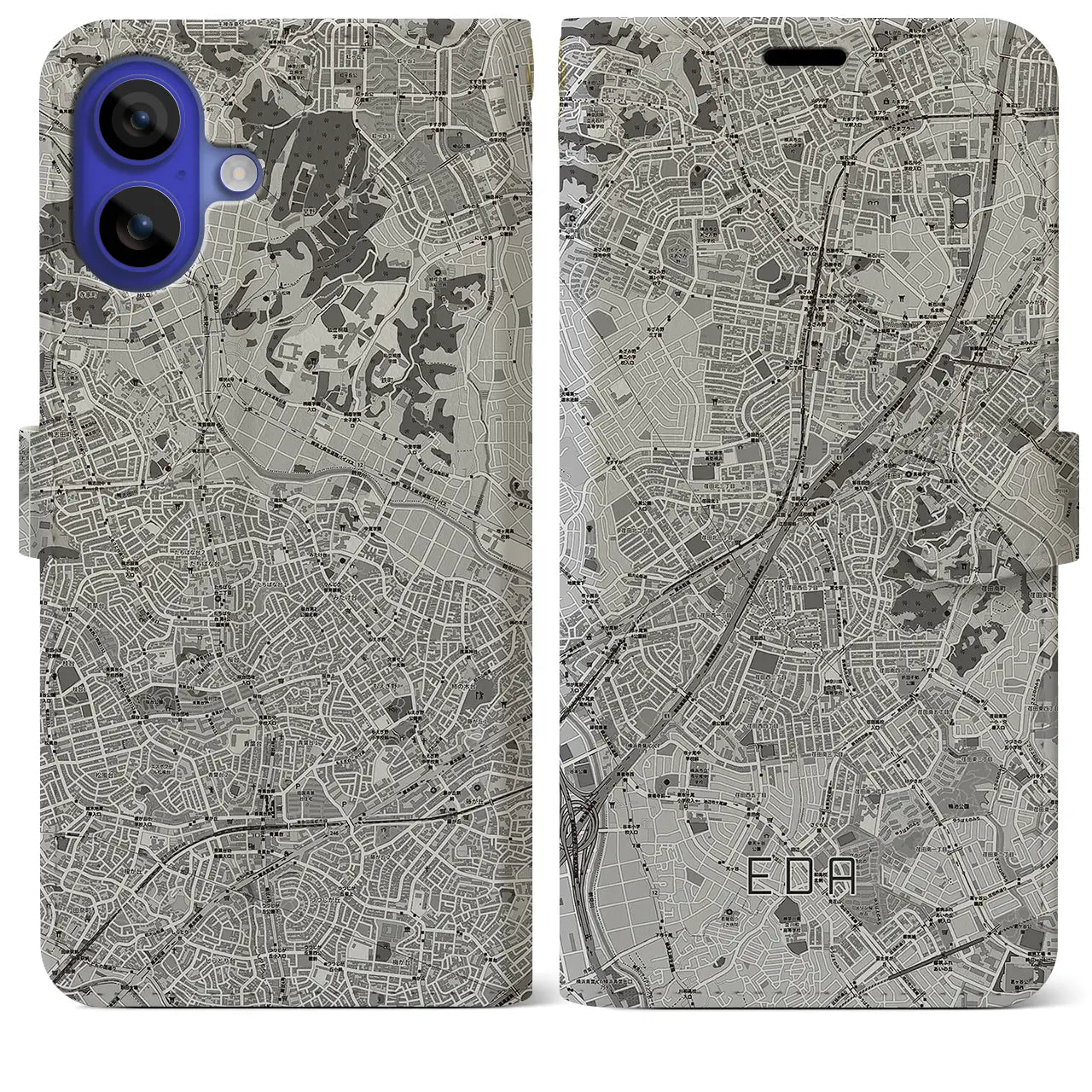 【江田(神奈川県)】地図柄iPhoneケース(手帳タイプ)モノトーン・iPhone 16 Pro Max 用
