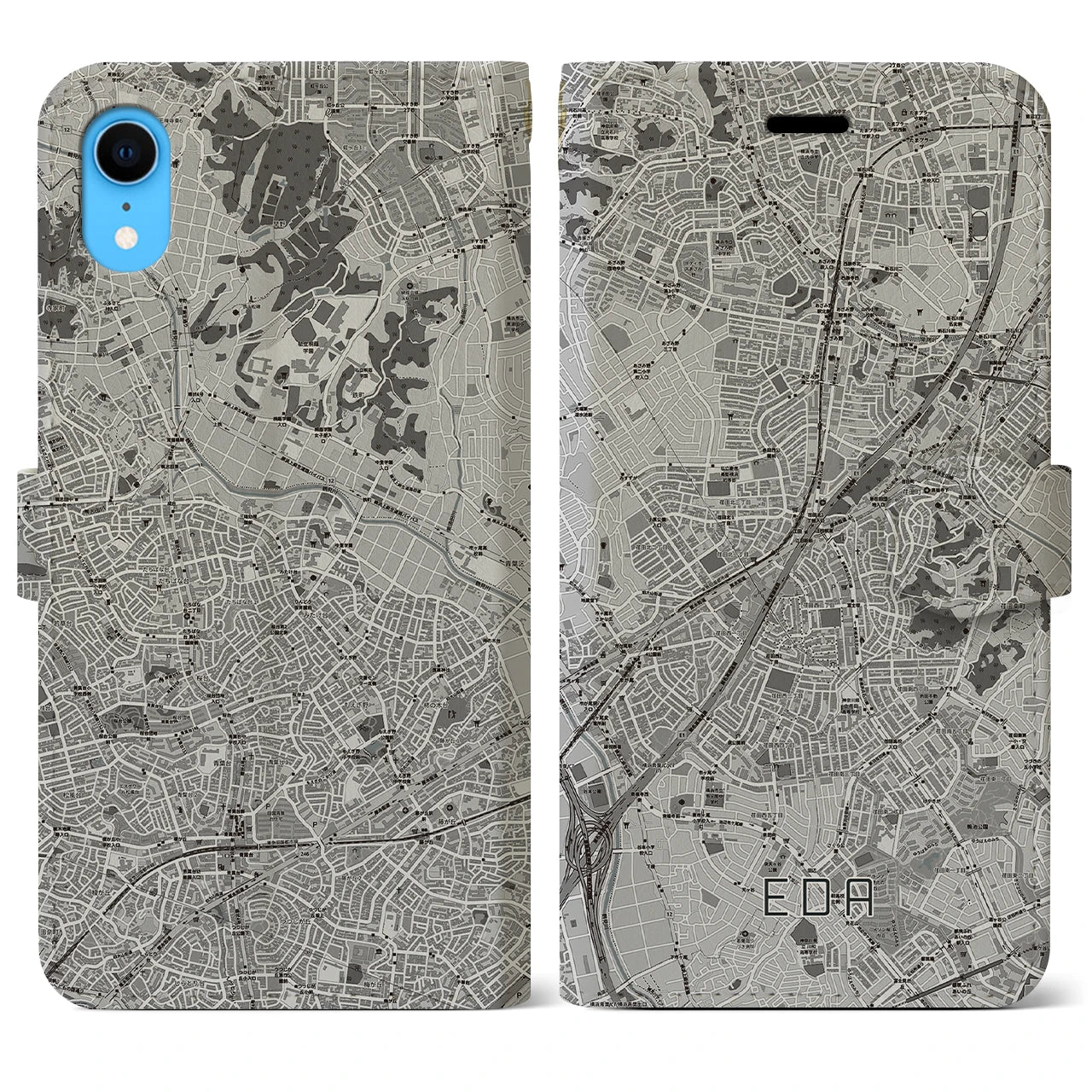 【江田(神奈川県)】地図柄iPhoneケース(手帳タイプ)モノトーン・iPhone XR 用