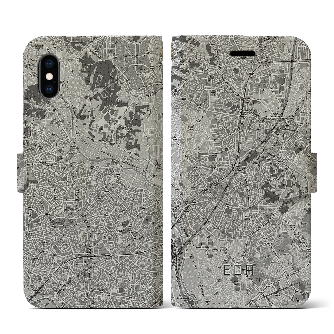 【江田(神奈川県)】地図柄iPhoneケース(手帳タイプ)モノトーン・iPhone XS / X 用