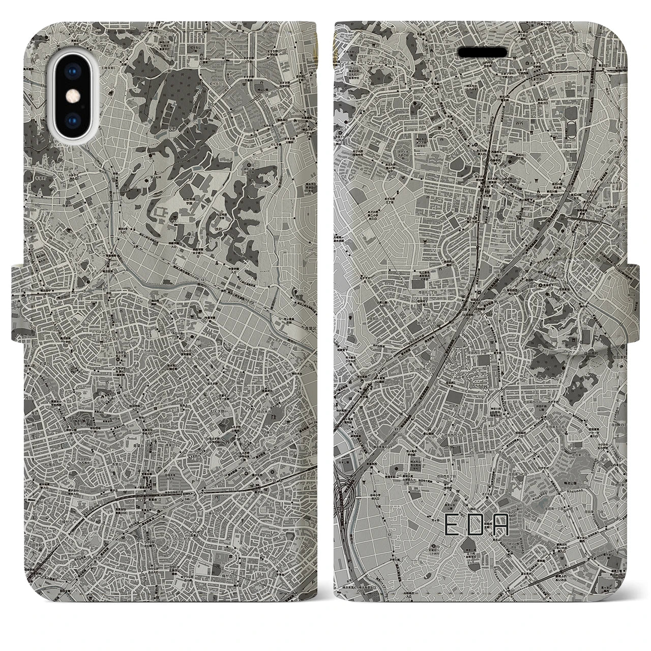 【江田(神奈川県)】地図柄iPhoneケース(手帳タイプ)モノトーン・iPhone XS Max 用