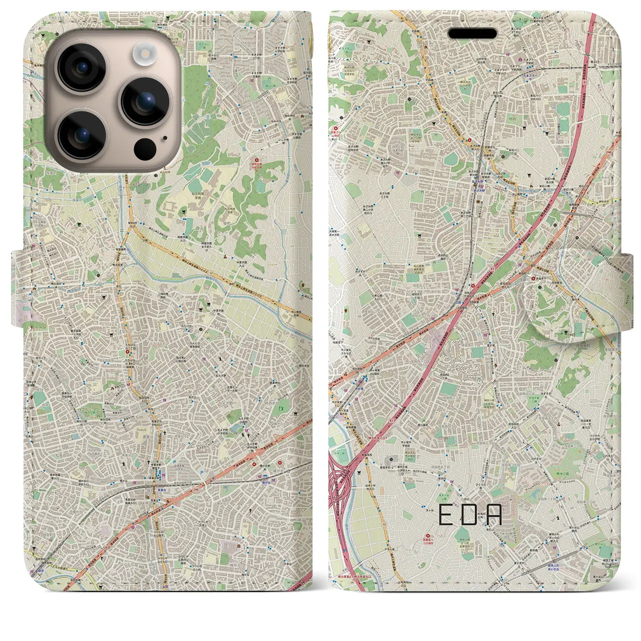 【江田(神奈川県)】地図柄iPhoneケース(手帳タイプ)ナチュラル・iPhone 16 Plus 用