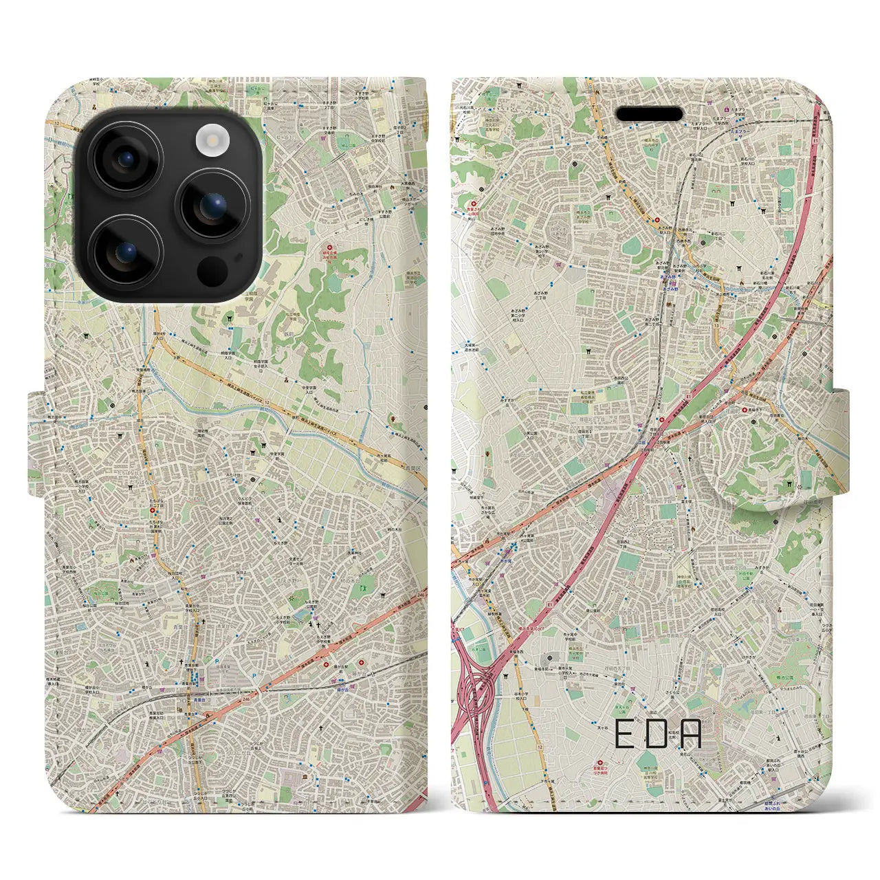 【江田(神奈川県)】地図柄iPhoneケース(手帳タイプ)ナチュラル・iPhone 16 用