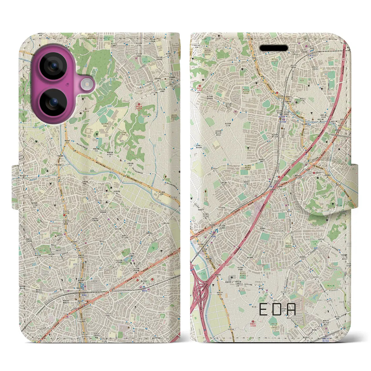 【江田(神奈川県)】地図柄iPhoneケース(手帳タイプ)ナチュラル・iPhone 16 Pro 用