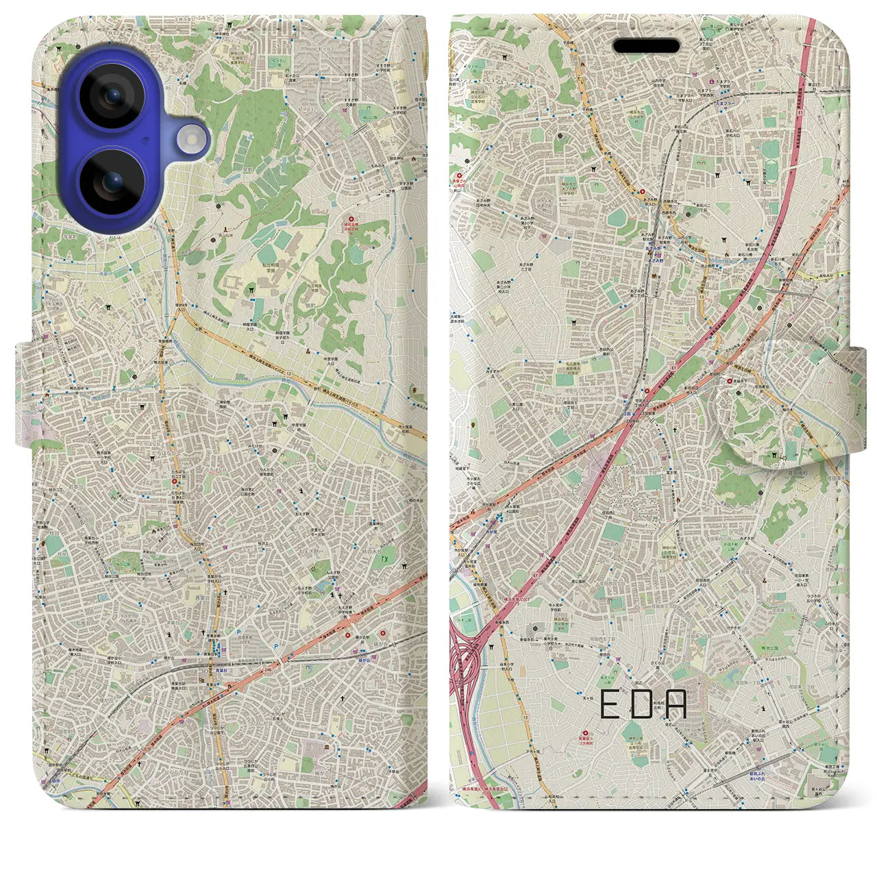 【江田(神奈川県)】地図柄iPhoneケース(手帳タイプ)ナチュラル・iPhone 16 Pro Max 用