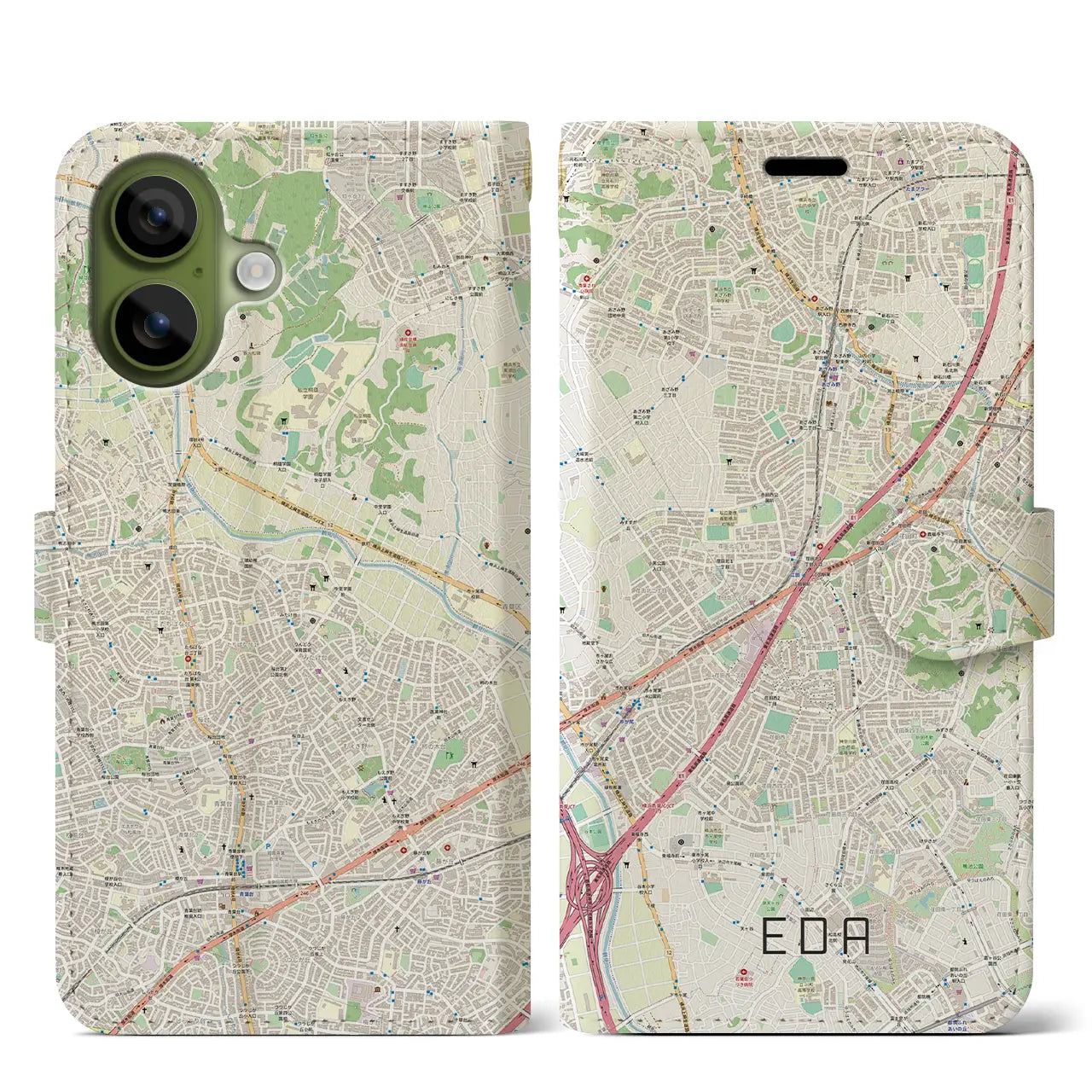 【江田(神奈川県)】地図柄iPhoneケース(手帳タイプ)ナチュラル・iPhone 17 Pro Max 用