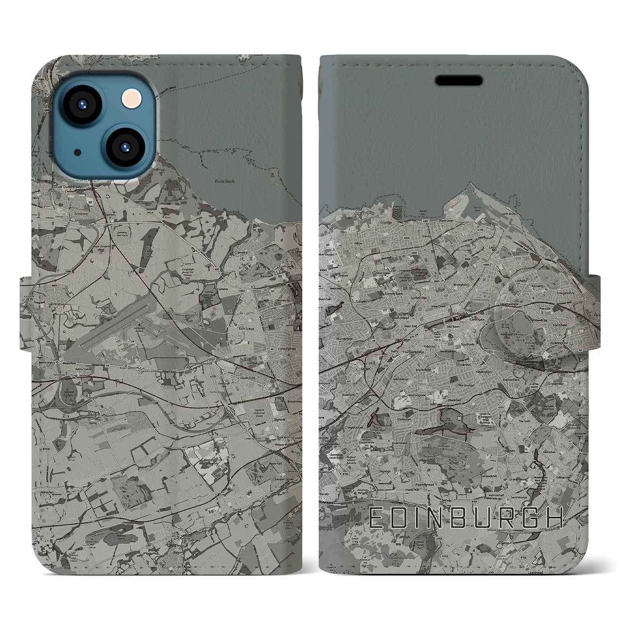 【エディンバラ(イギリス)】地図柄iPhoneケース(手帳タイプ)モノトーン・iPhone 13 用