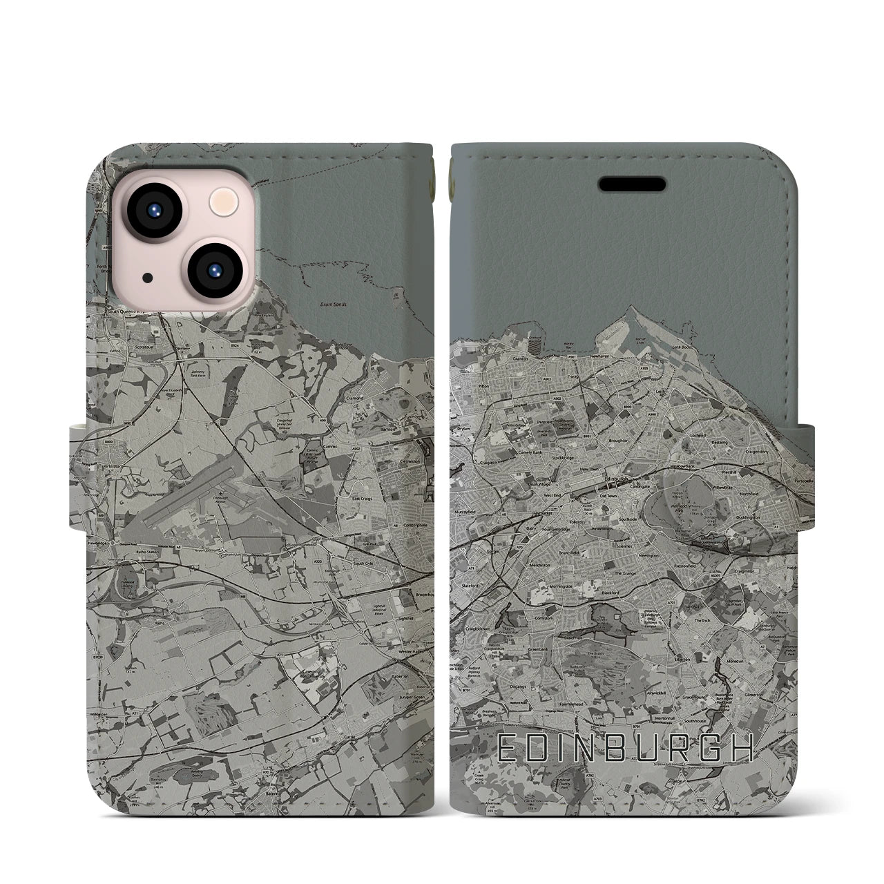 【エディンバラ(イギリス)】地図柄iPhoneケース(手帳タイプ)モノトーン・iPhone 13 mini 用