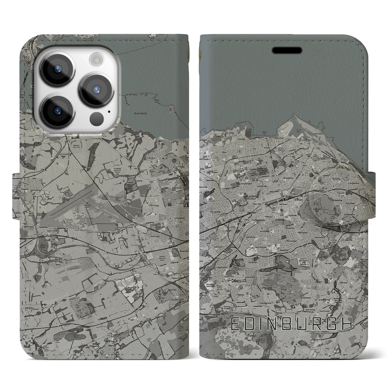 【エディンバラ(イギリス)】地図柄iPhoneケース(手帳タイプ)モノトーン・iPhone 14 Pro 用