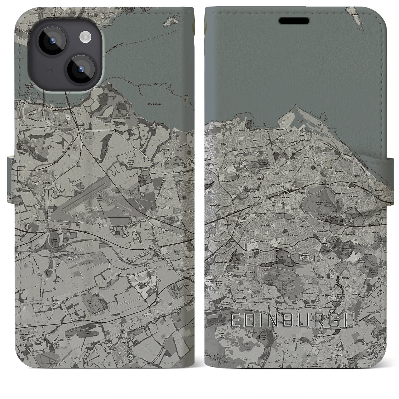 【エディンバラ(イギリス)】地図柄iPhoneケース(手帳タイプ)モノトーン・iPhone 14 Plus 用