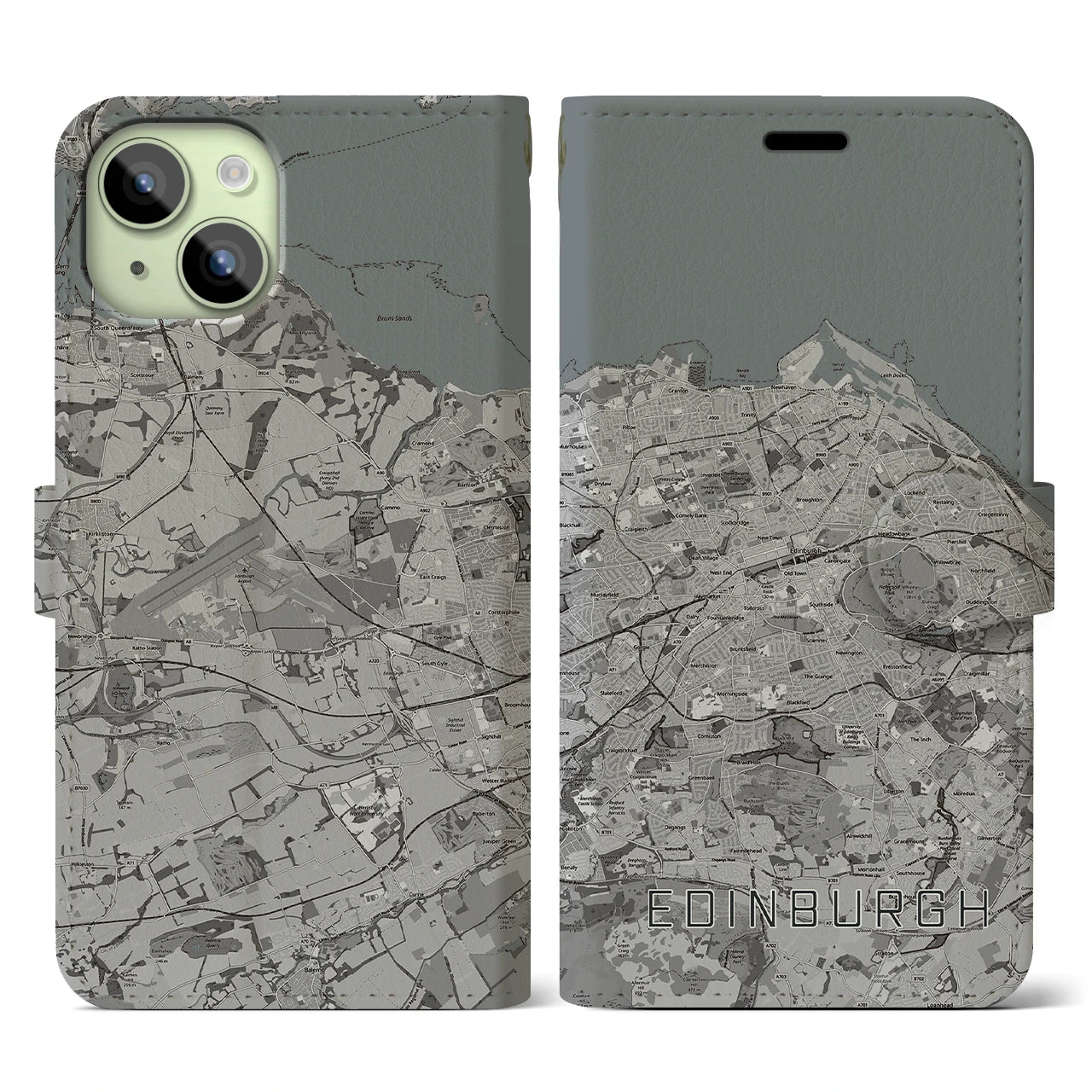 【エディンバラ(イギリス)】地図柄iPhoneケース(手帳タイプ)モノトーン・iPhone 15 用