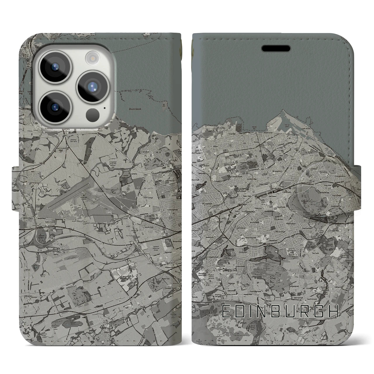 【エディンバラ(イギリス)】地図柄iPhoneケース(手帳タイプ)モノトーン・iPhone 15 Pro 用