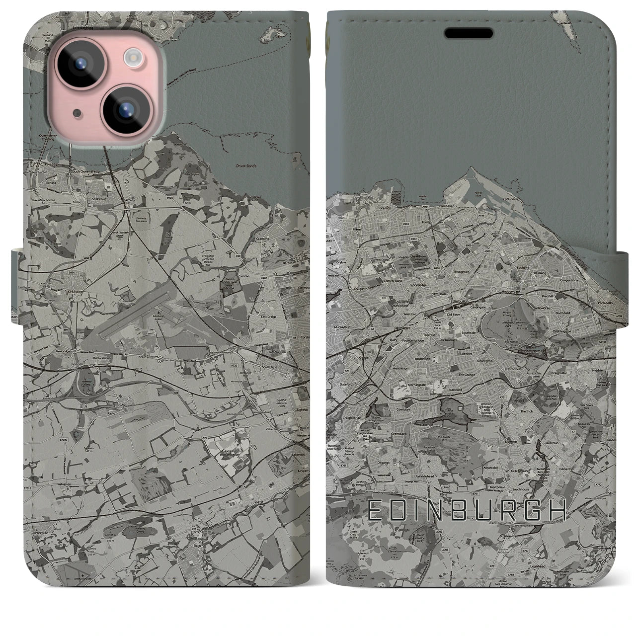 【エディンバラ(イギリス)】地図柄iPhoneケース(手帳タイプ)モノトーン・iPhone 15 Plus 用