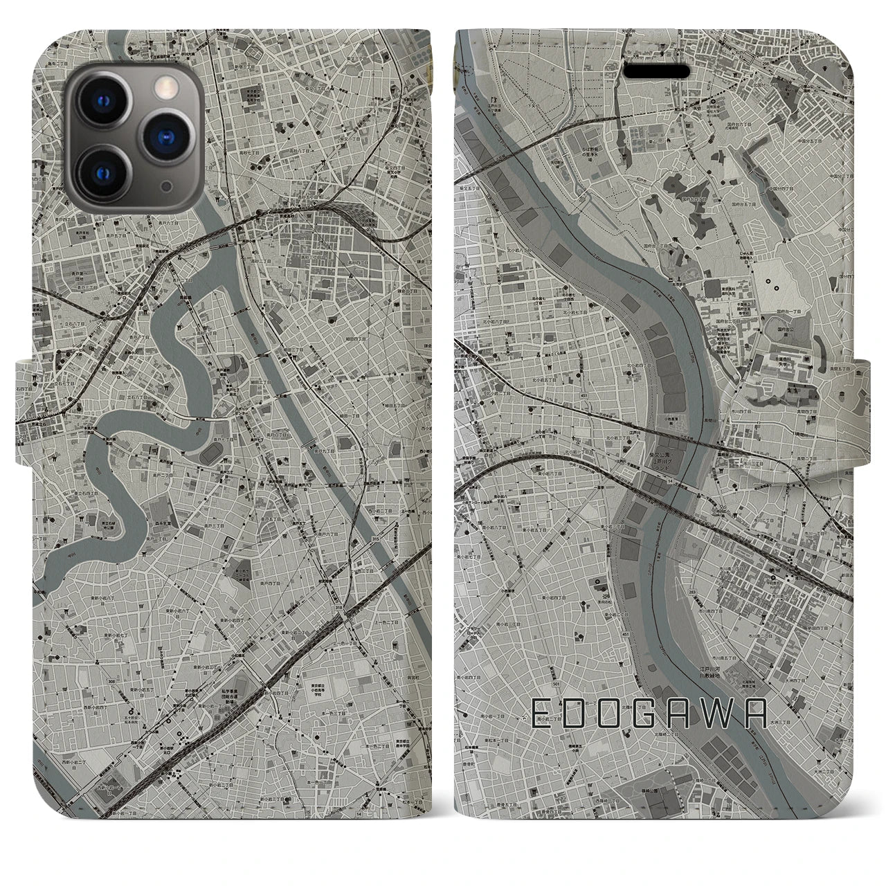 【江戸川(東京都)】地図柄iPhoneケース(手帳タイプ)モノトーン・iPhone 11 Pro Max 用