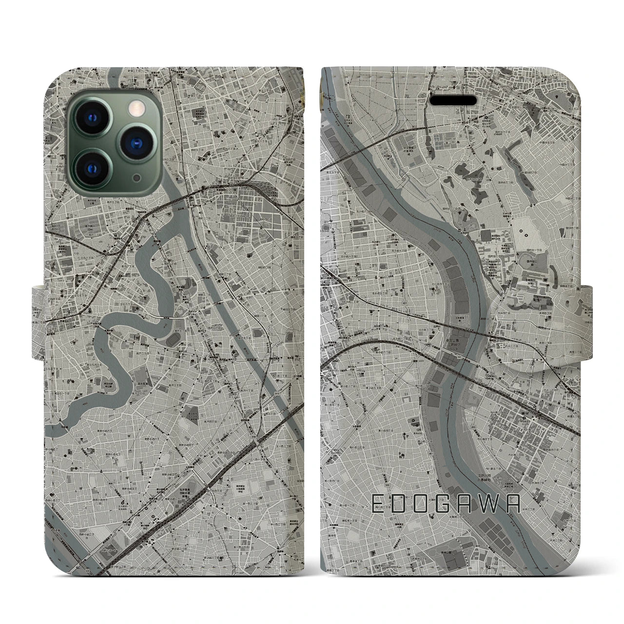 【江戸川(東京都)】地図柄iPhoneケース(手帳タイプ)モノトーン・iPhone 11 Pro 用