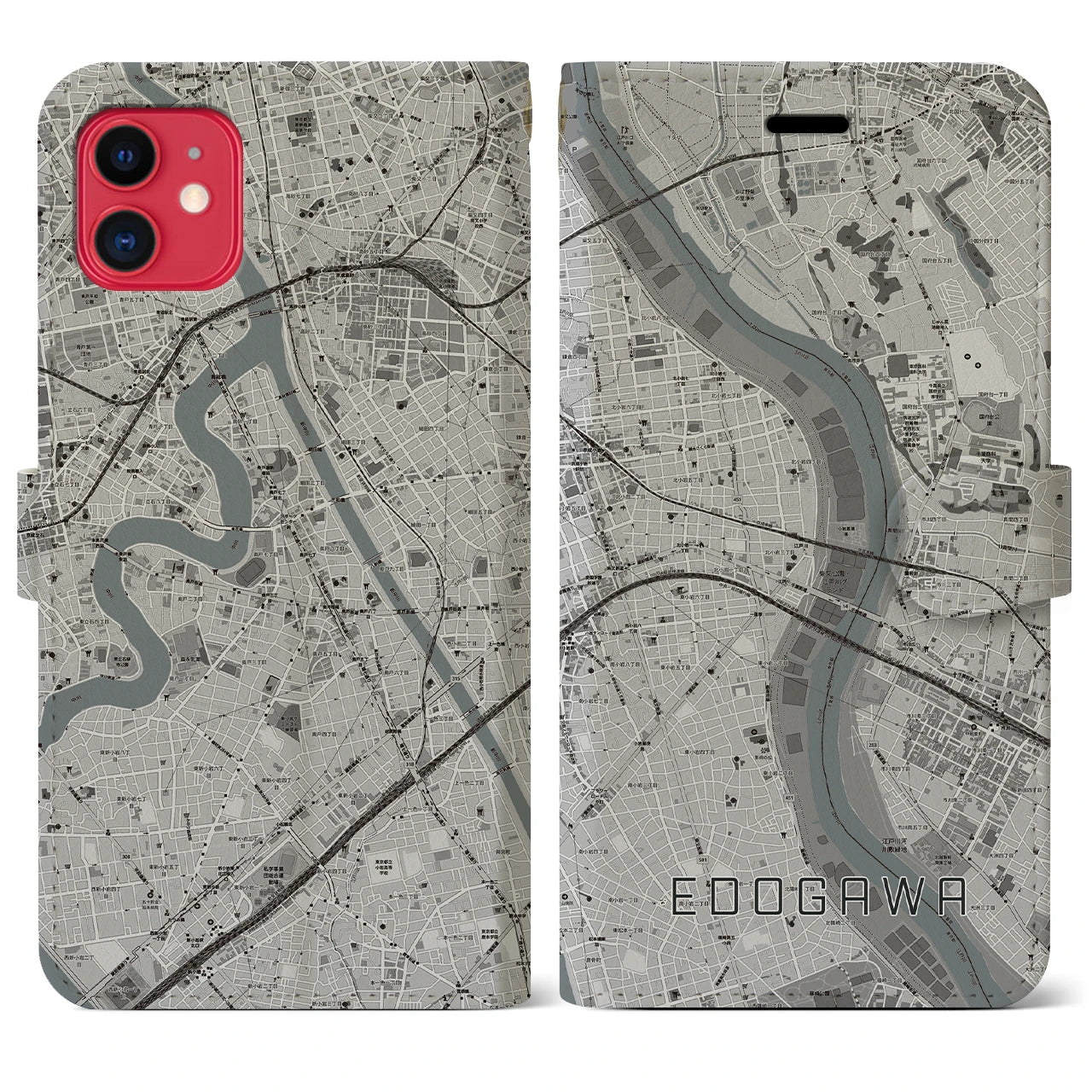 【江戸川(東京都)】地図柄iPhoneケース(手帳タイプ)モノトーン・iPhone 11 用