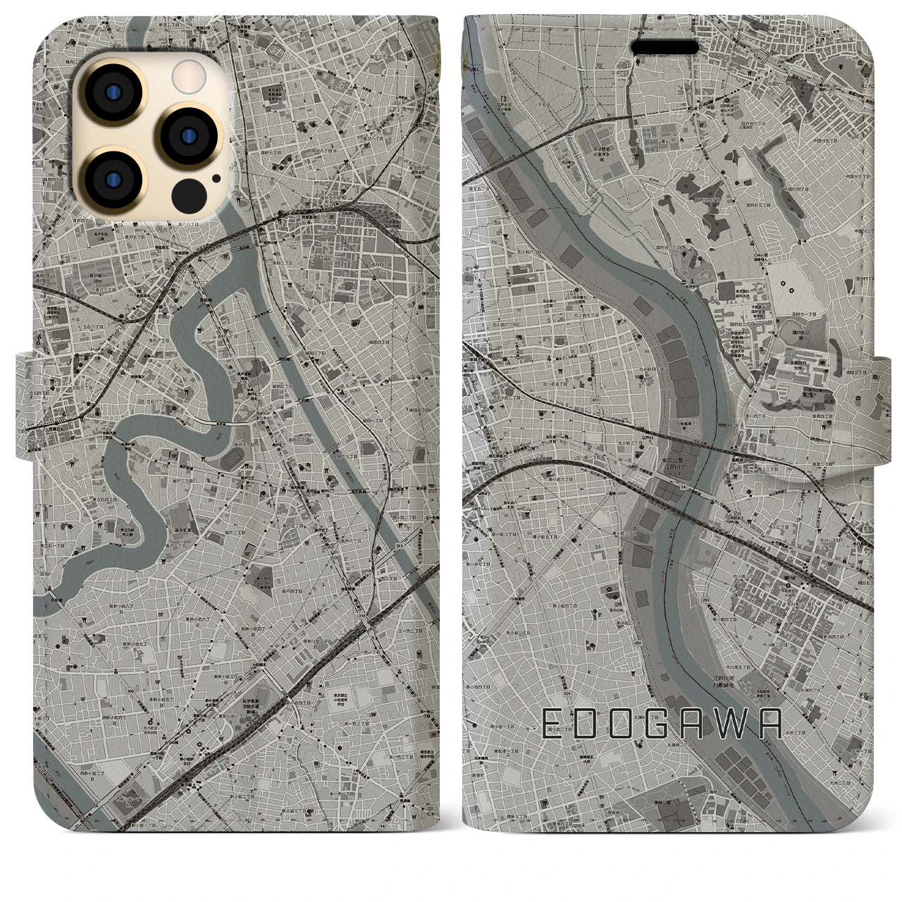 【江戸川(東京都)】地図柄iPhoneケース(手帳タイプ)モノトーン・iPhone 12 Pro Max 用