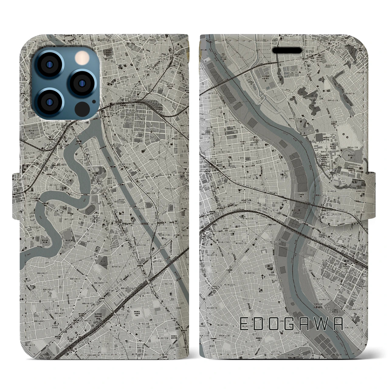 【江戸川(東京都)】地図柄iPhoneケース(手帳タイプ)モノトーン・iPhone 12 / 12 Pro 用