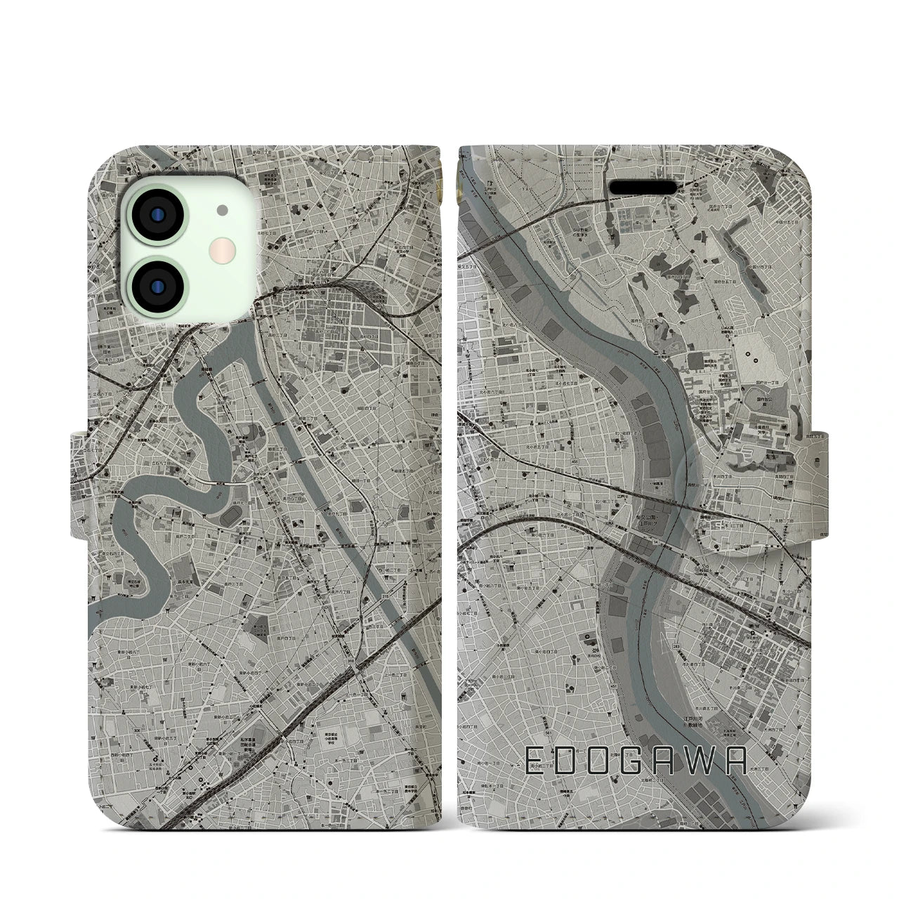 【江戸川(東京都)】地図柄iPhoneケース(手帳タイプ)モノトーン・iPhone 12 mini 用