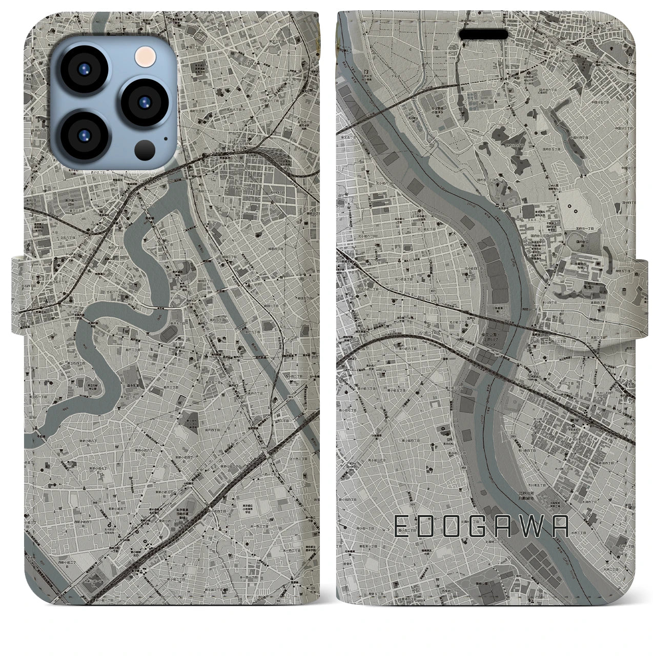 【江戸川(東京都)】地図柄iPhoneケース(手帳タイプ)モノトーン・iPhone 13 Pro Max 用