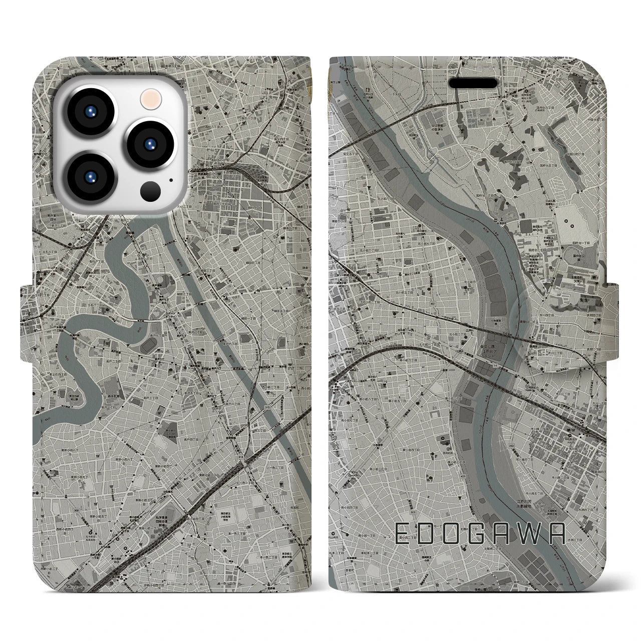 【江戸川(東京都)】地図柄iPhoneケース(手帳タイプ)モノトーン・iPhone 13 Pro 用