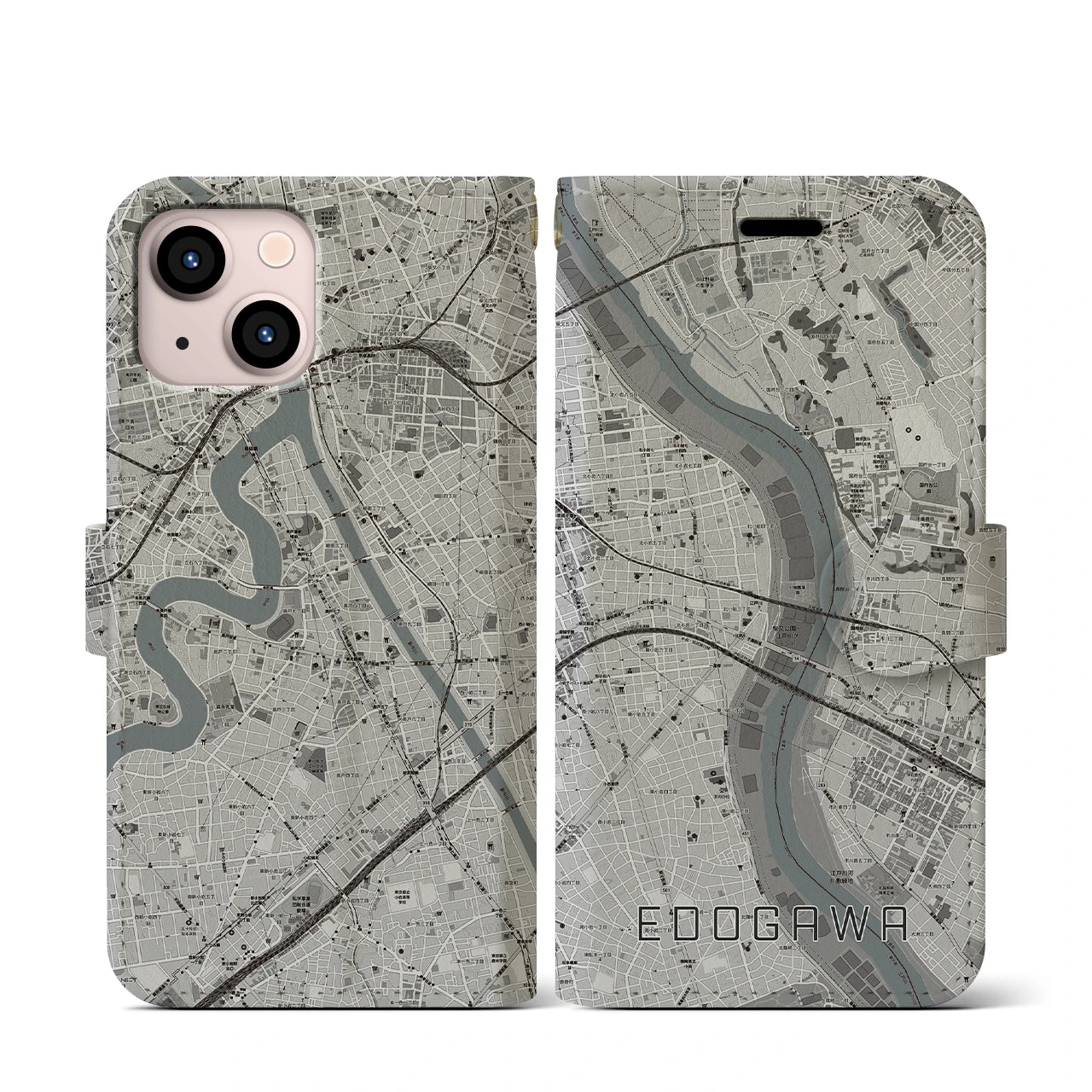 【江戸川(東京都)】地図柄iPhoneケース(手帳タイプ)モノトーン・iPhone 13 mini 用