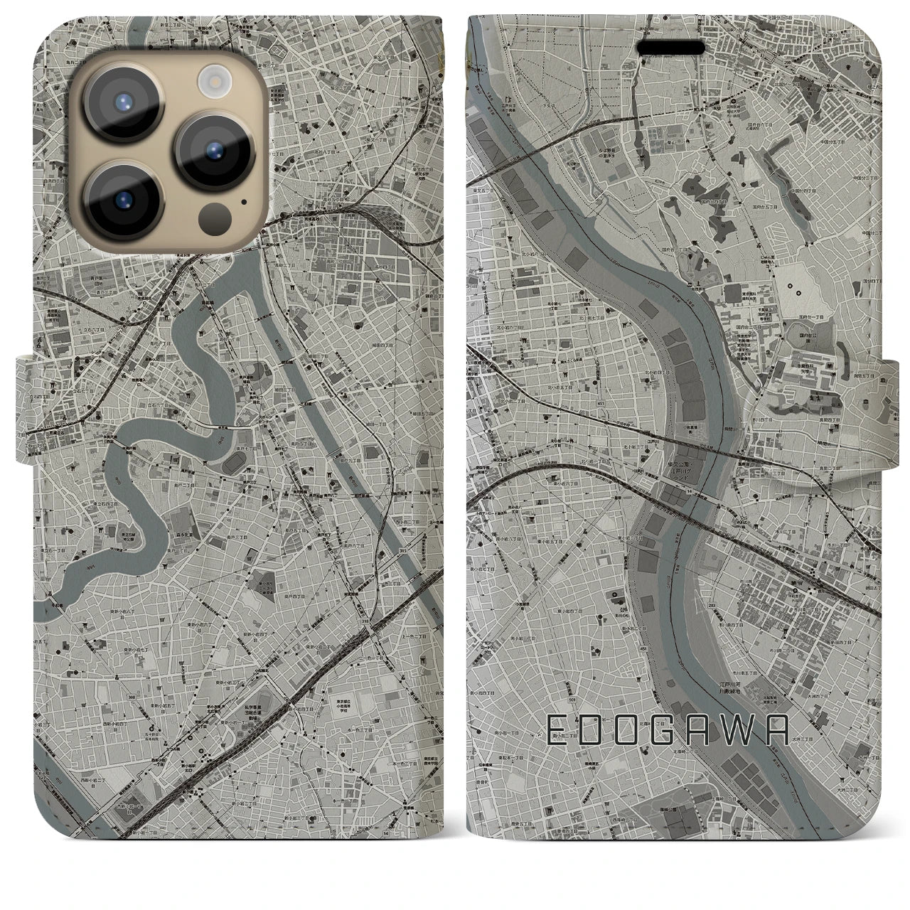 【江戸川(東京都)】地図柄iPhoneケース(手帳タイプ)モノトーン・iPhone 14 Pro Max 用