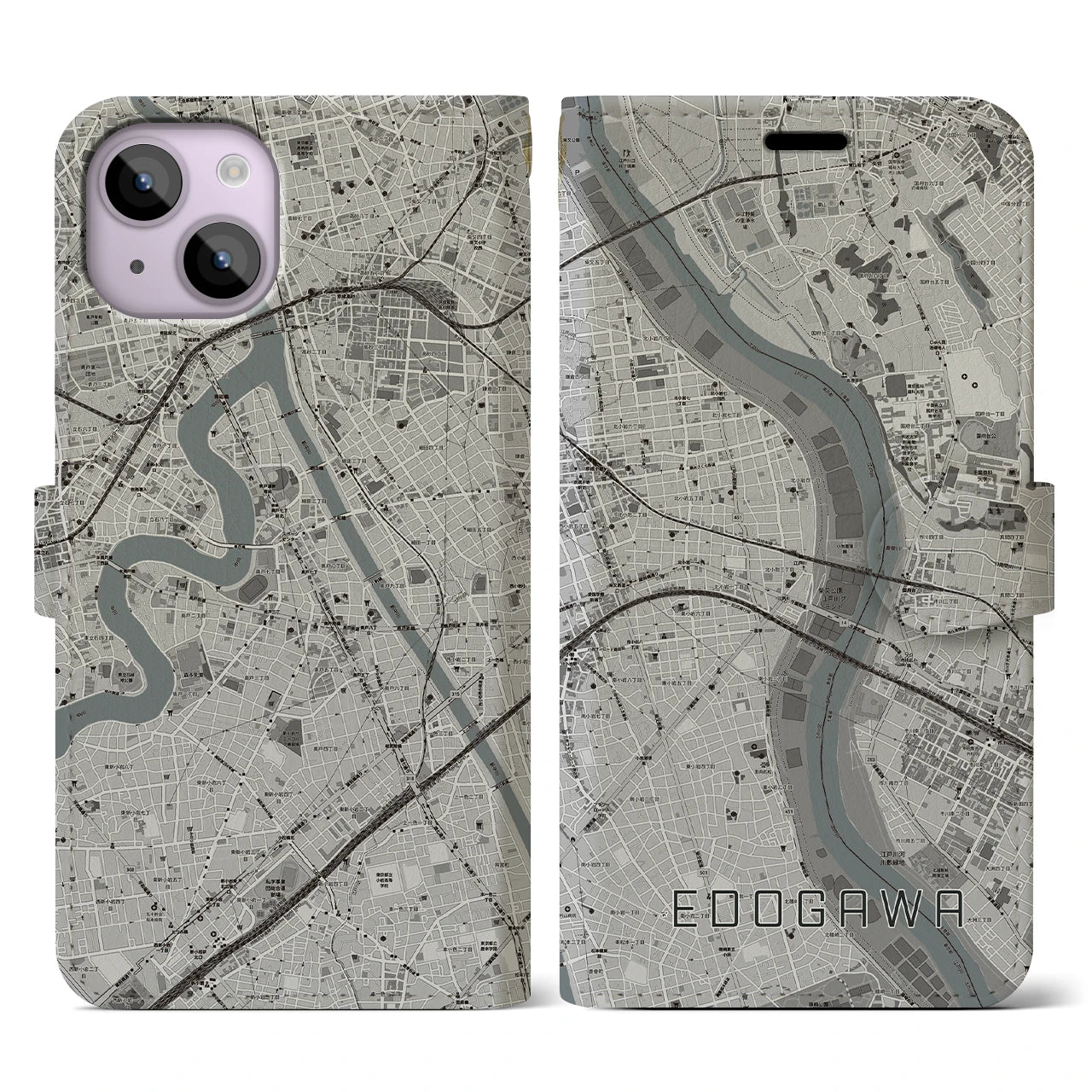 【江戸川(東京都)】地図柄iPhoneケース(手帳タイプ)モノトーン・iPhone 14 用