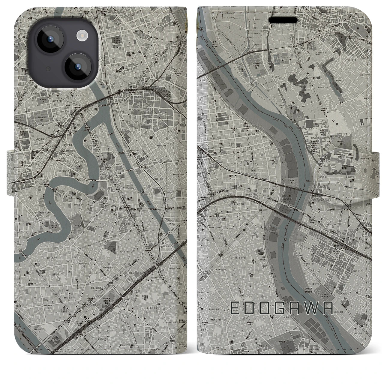 【江戸川(東京都)】地図柄iPhoneケース(手帳タイプ)モノトーン・iPhone 14 Plus 用