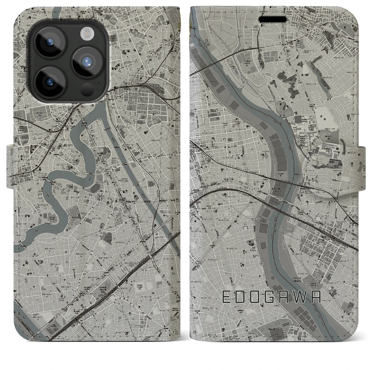 【江戸川(東京都)】地図柄iPhoneケース(手帳タイプ)モノトーン・iPhone 15 Pro Max 用