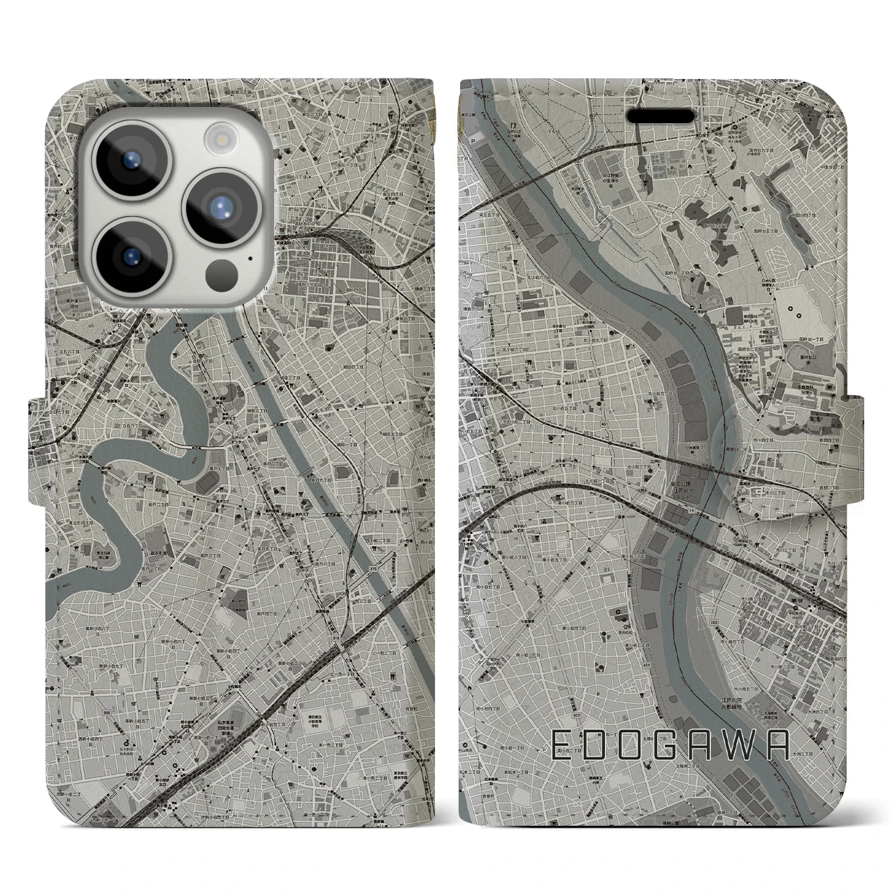 【江戸川(東京都)】地図柄iPhoneケース(手帳タイプ)モノトーン・iPhone 15 Pro 用