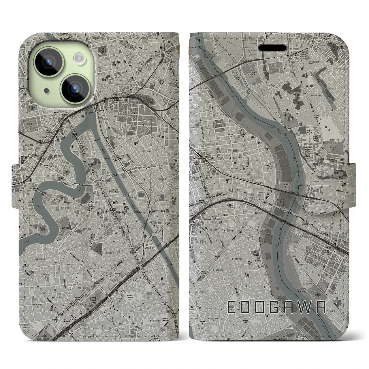 【江戸川(東京都)】地図柄iPhoneケース(手帳タイプ)モノトーン・iPhone 15 用