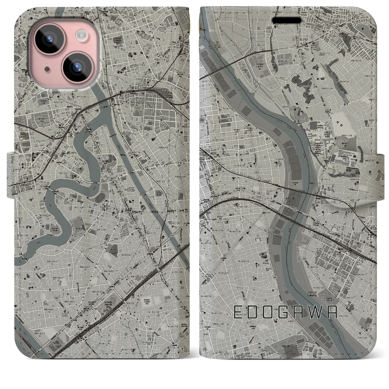 【江戸川(東京都)】地図柄iPhoneケース(手帳タイプ)モノトーン・iPhone 15 Plus 用