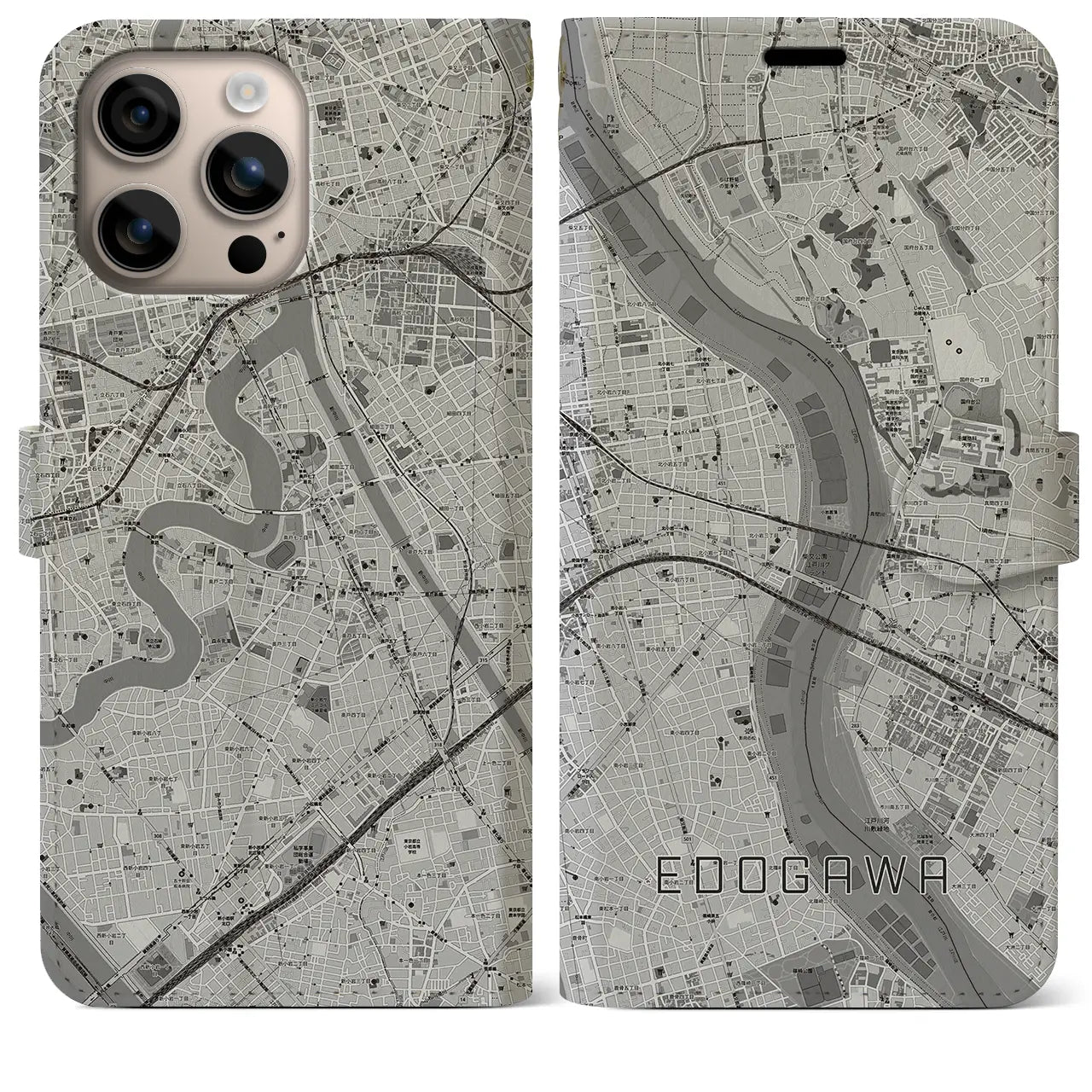 【江戸川(東京都)】地図柄iPhoneケース(手帳タイプ)モノトーン・iPhone 16 Plus 用
