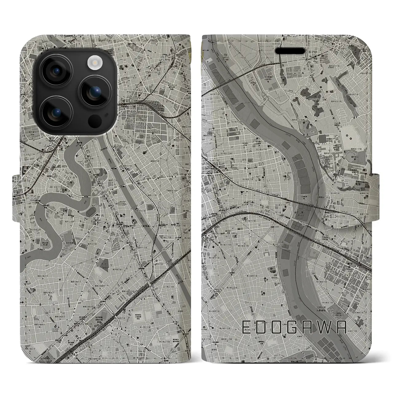 【江戸川(東京都)】地図柄iPhoneケース(手帳タイプ)モノトーン・iPhone 16 用
