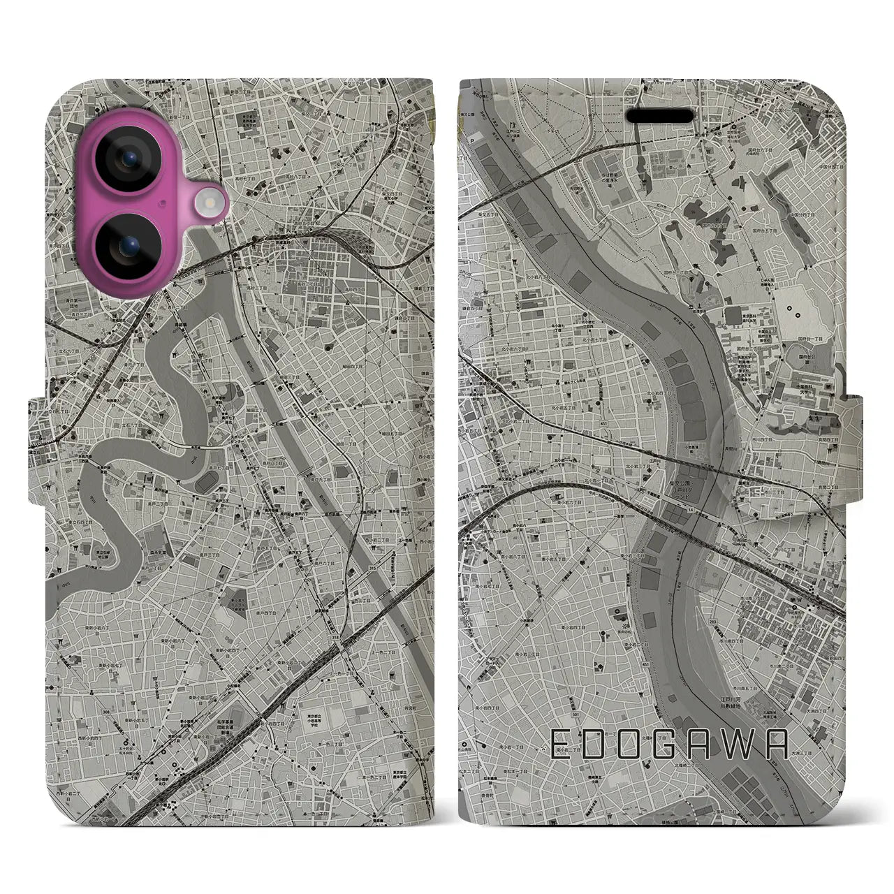【江戸川(東京都)】地図柄iPhoneケース(手帳タイプ)モノトーン・iPhone 16 Pro 用