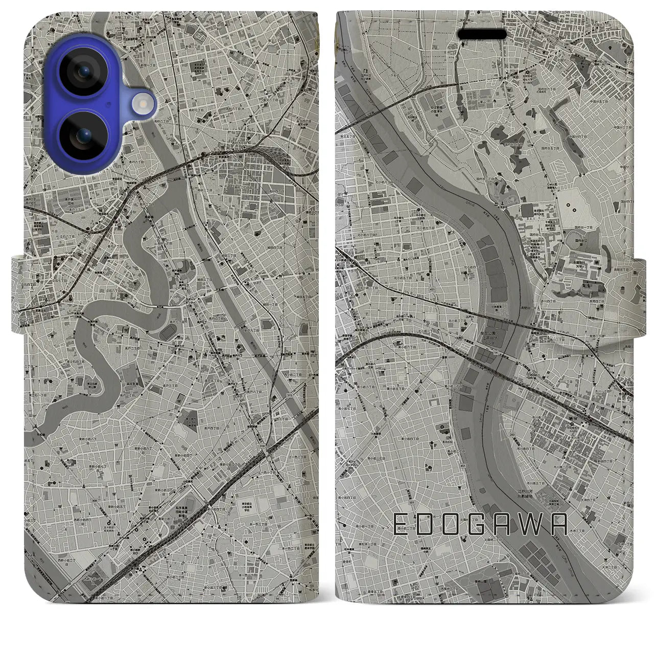 【江戸川(東京都)】地図柄iPhoneケース(手帳タイプ)モノトーン・iPhone 16 Pro Max 用