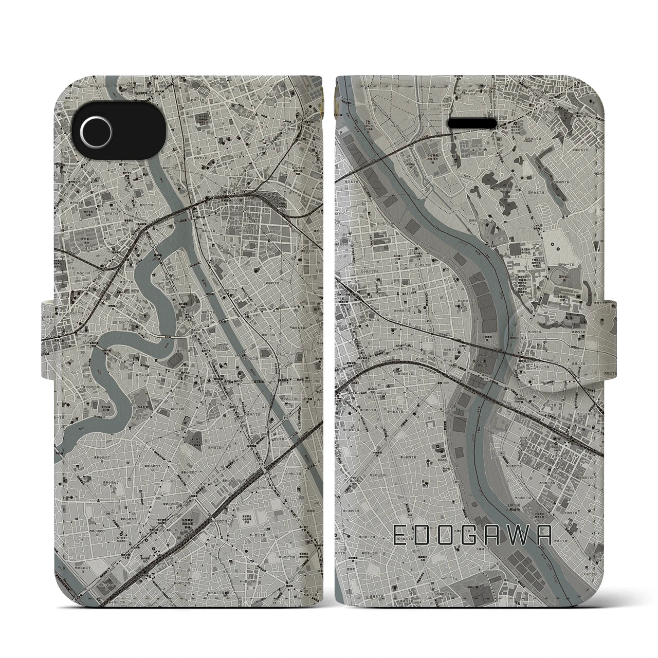 【江戸川(東京都)】地図柄iPhoneケース(手帳タイプ)モノトーン・iPhone SE(第3 / 第2世代) / 8 / 7 / 6s / 6 用