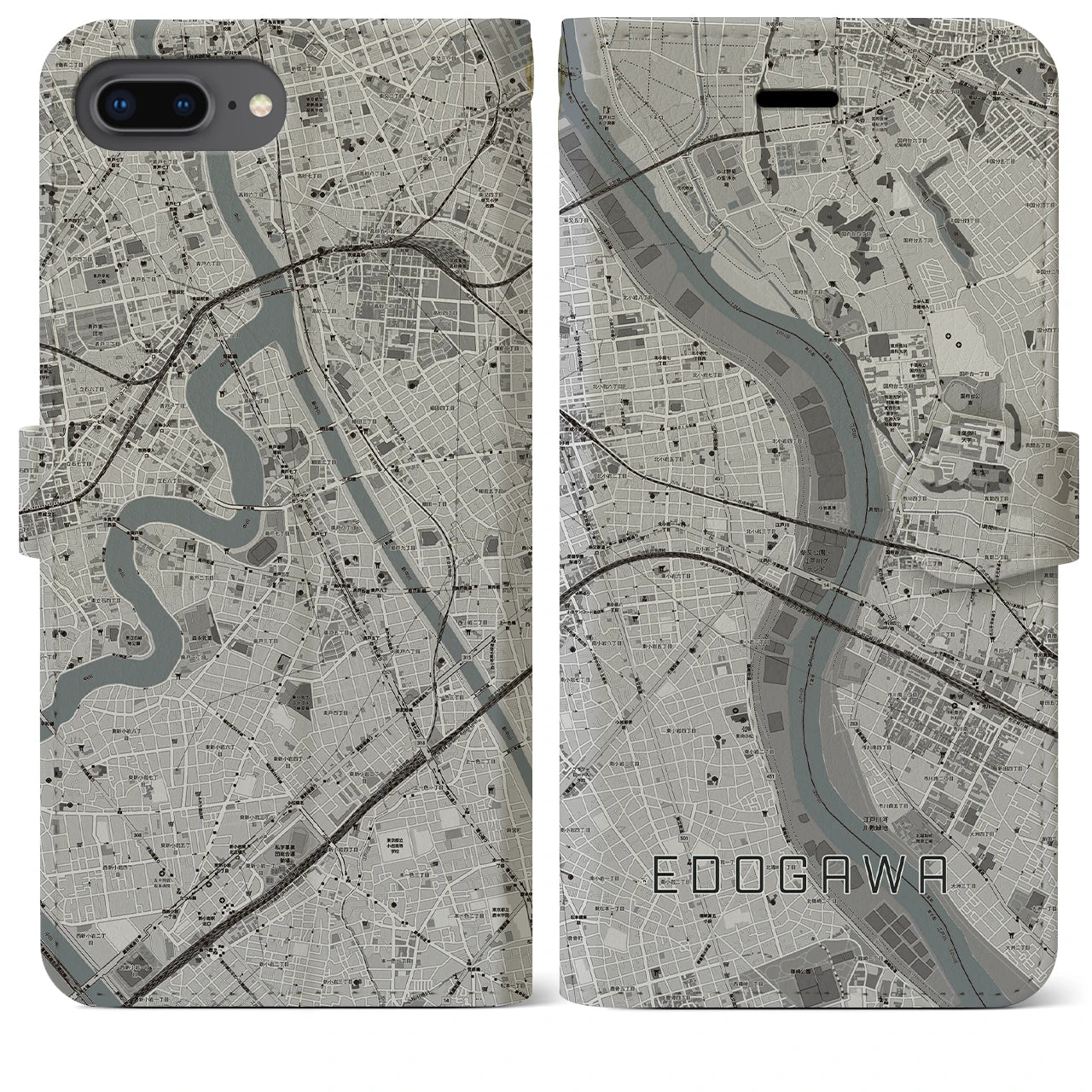 【江戸川(東京都)】地図柄iPhoneケース(手帳タイプ)モノトーン・iPhone 8Plus /7Plus / 6sPlus / 6Plus 用