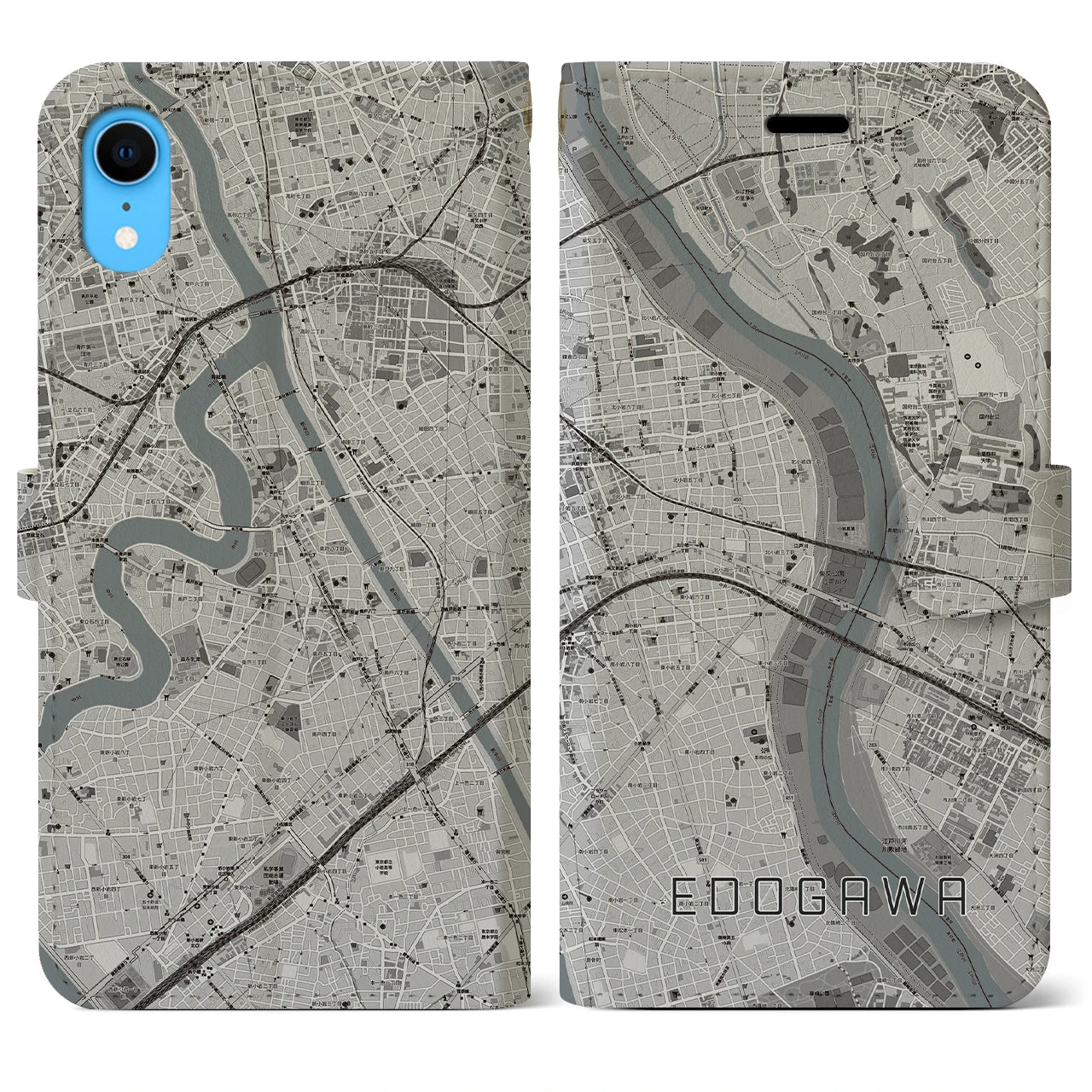 【江戸川(東京都)】地図柄iPhoneケース(手帳タイプ)モノトーン・iPhone XR 用