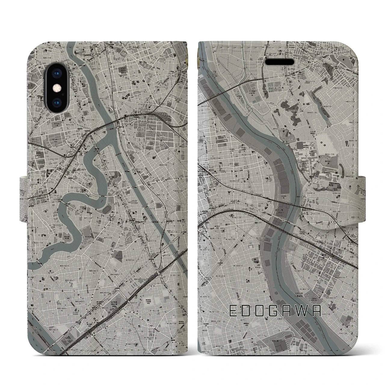 【江戸川(東京都)】地図柄iPhoneケース(手帳タイプ)モノトーン・iPhone XS / X 用