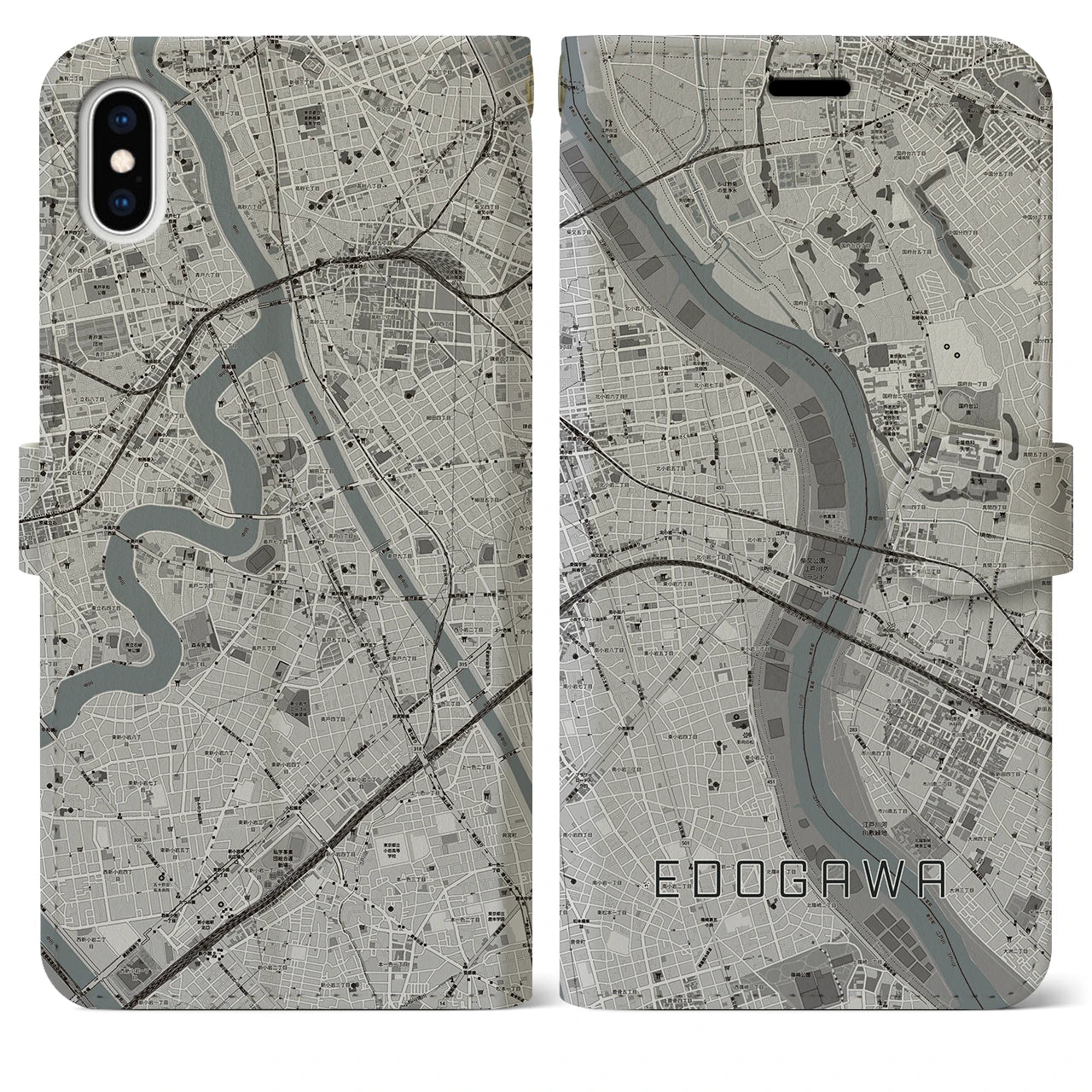 【江戸川(東京都)】地図柄iPhoneケース(手帳タイプ)モノトーン・iPhone XS Max 用