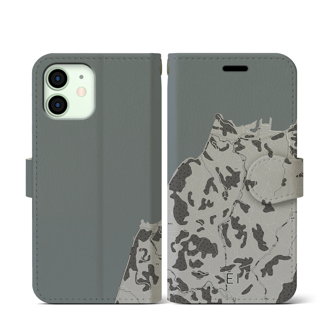 【江井(兵庫県)】地図柄iPhoneケース(手帳タイプ)モノトーン・iPhone 12 mini 用