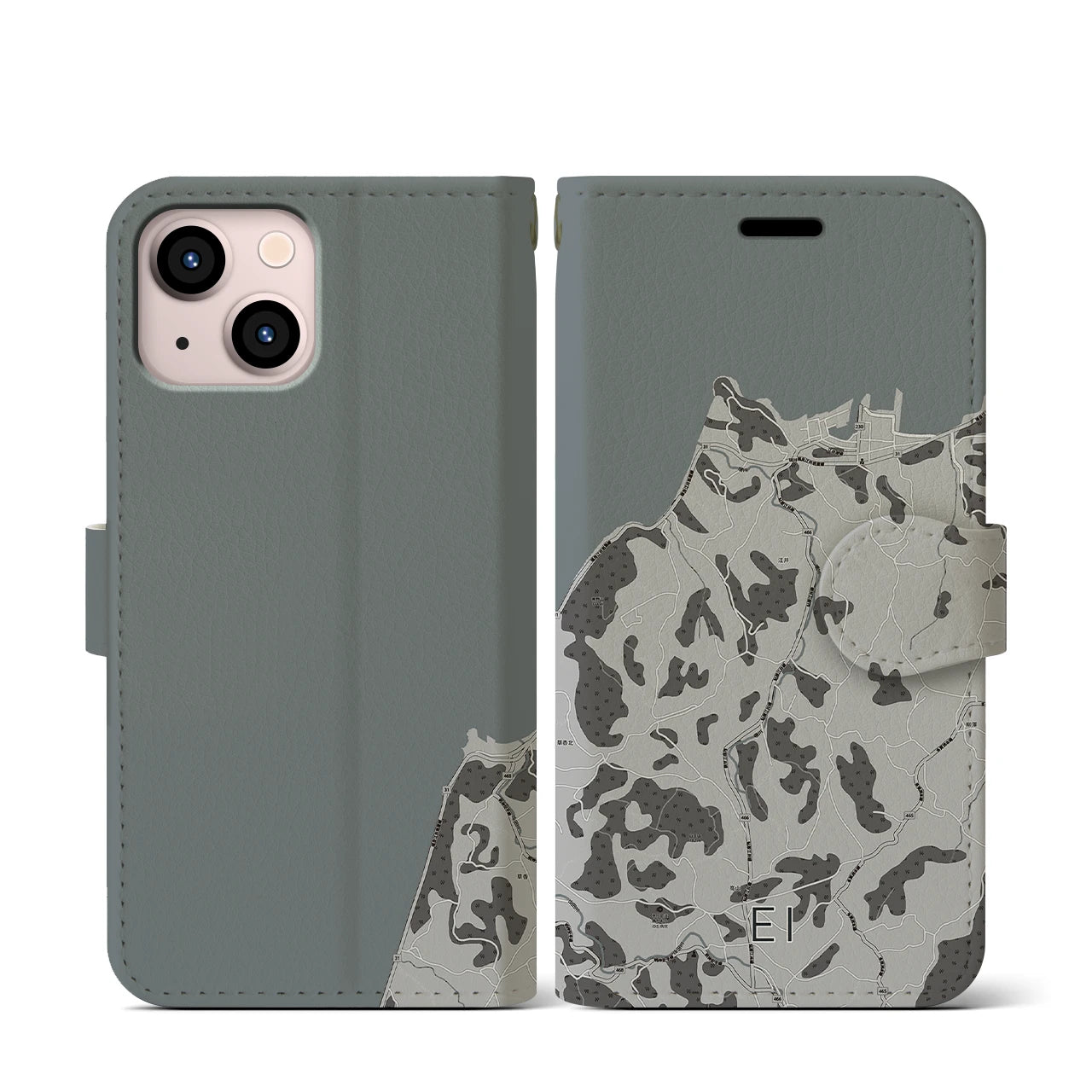 【江井(兵庫県)】地図柄iPhoneケース(手帳タイプ)モノトーン・iPhone 13 mini 用