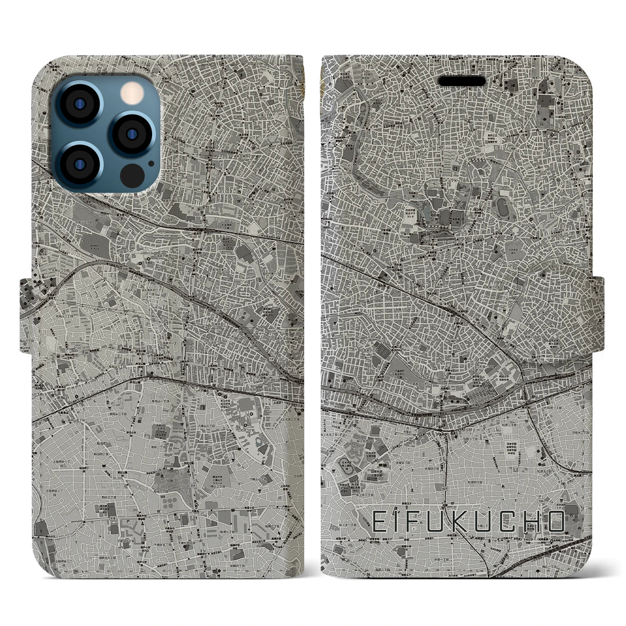 【永福町(東京都)】地図柄iPhoneケース(手帳タイプ)モノトーン・iPhone 12 / 12 Pro 用