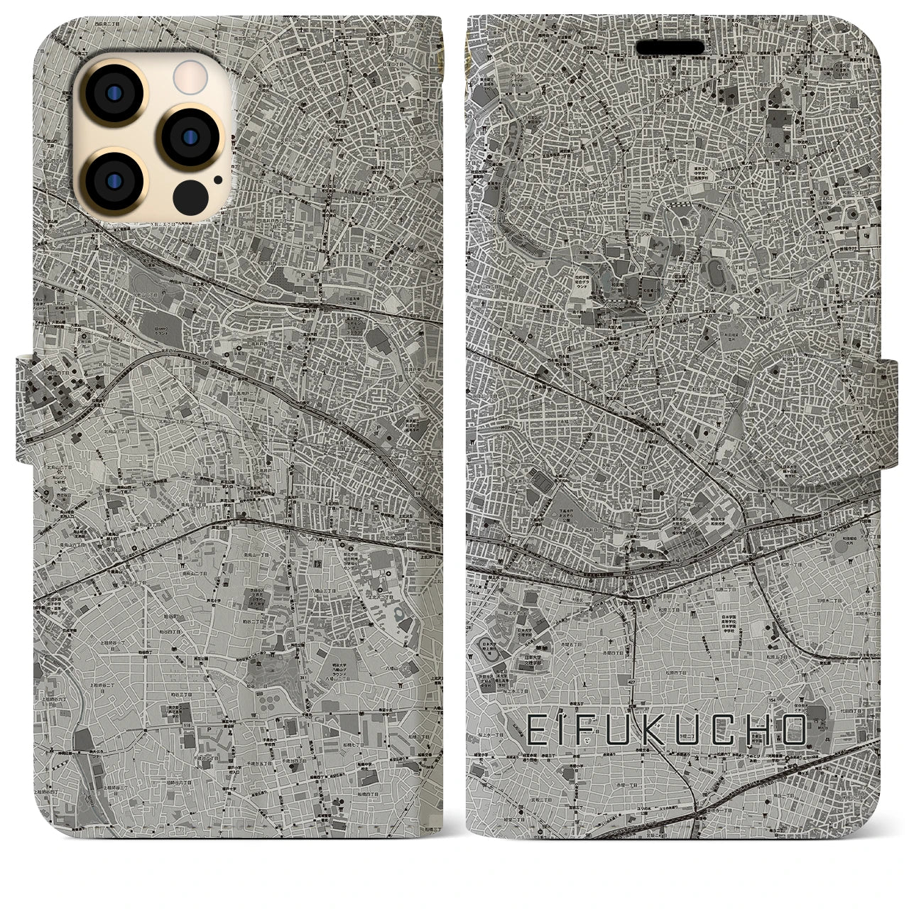 【永福町(東京都)】地図柄iPhoneケース(手帳タイプ)モノトーン・iPhone 12 Pro Max 用