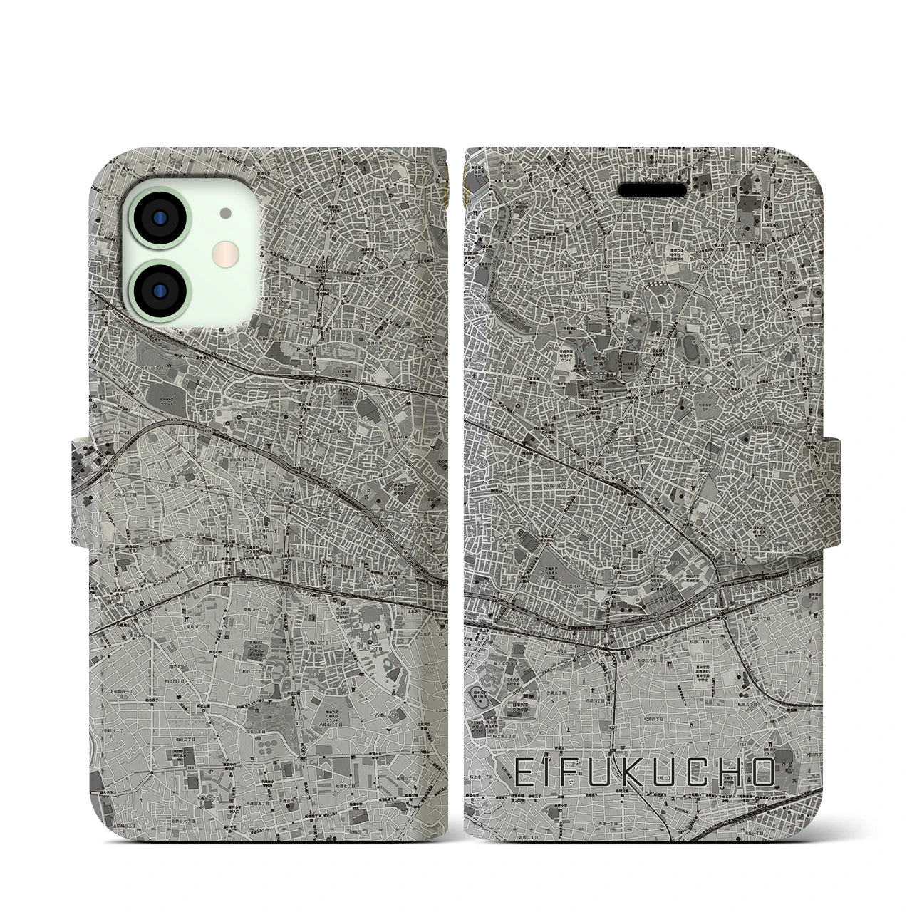 【永福町(東京都)】地図柄iPhoneケース(手帳タイプ)モノトーン・iPhone 12 mini 用