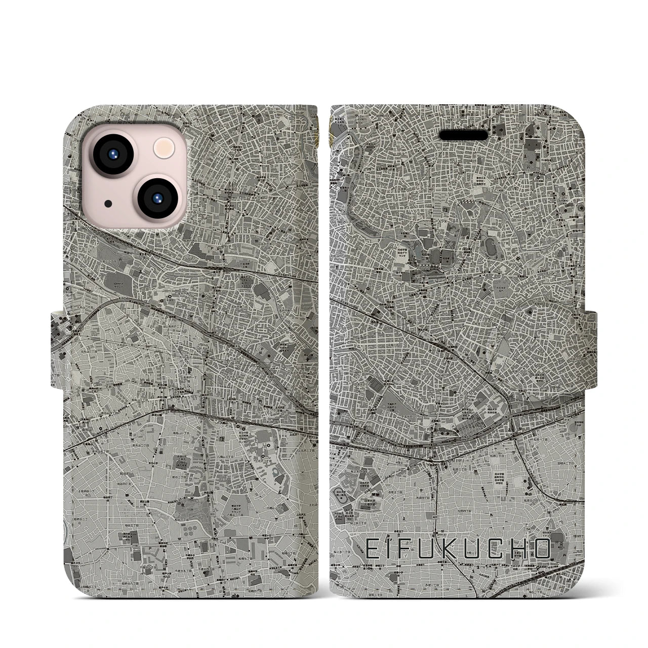 【永福町(東京都)】地図柄iPhoneケース(手帳タイプ)モノトーン・iPhone 13 mini 用