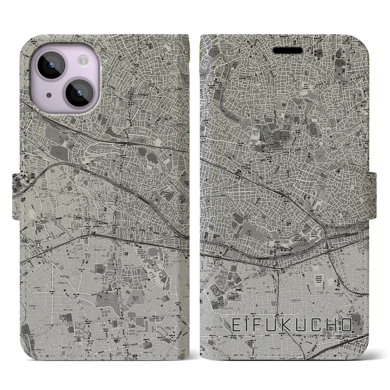 【永福町(東京都)】地図柄iPhoneケース(手帳タイプ)モノトーン・iPhone 14 用