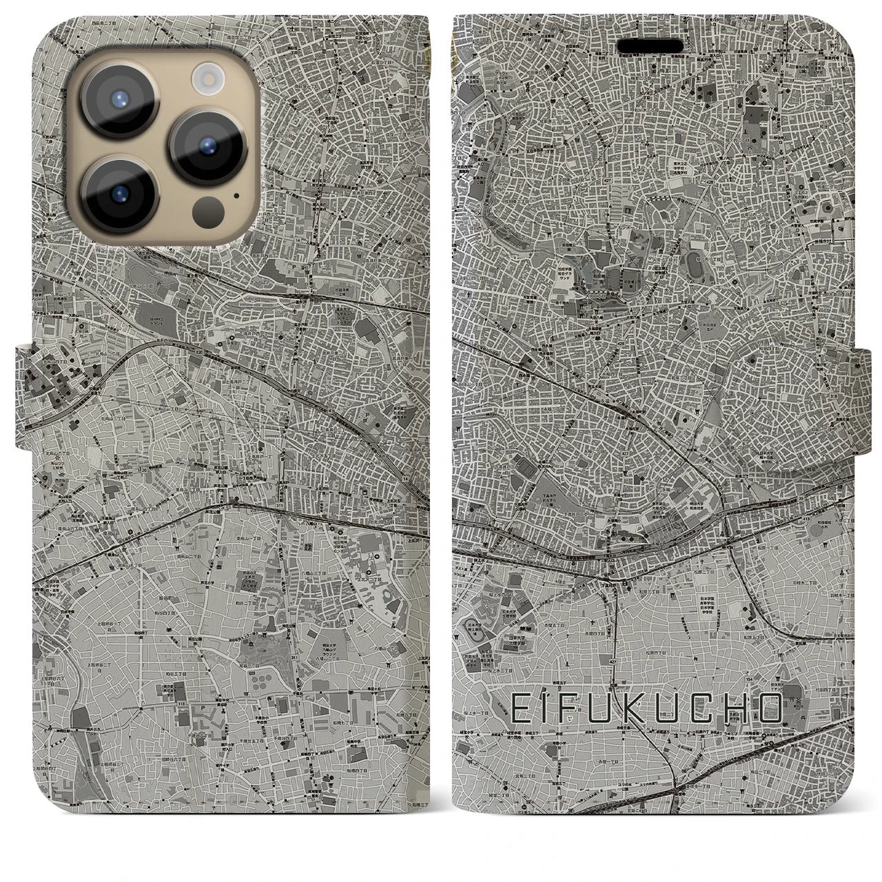 【永福町(東京都)】地図柄iPhoneケース(手帳タイプ)モノトーン・iPhone 14 Pro Max 用